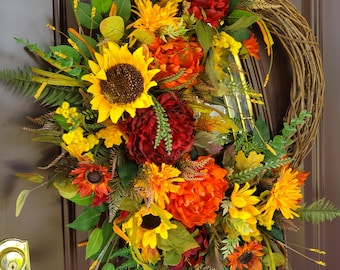 Fall Sunflower Wreath Colorful Autumn Wreath Orange Burgundy Yellow Fall Wreath Sunflower Peony Harvest Wreath Autumn Thanksgiving Wreath