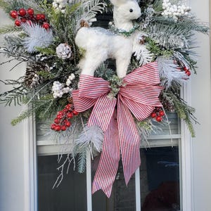 Christmas Reindeer Flock Wreath Winter Door Reindeer Wreath with Pine Cones Berries and Bow Reindeer Decor Red and White Winter Door Wreath