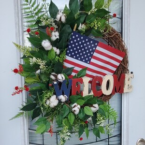 Patriotic Wreath July 4th Decor Rustic Memorial Day American Flag Welcome Grapevine Wreath with Cotton Stems Everyday Frontdoor Wreath Decor