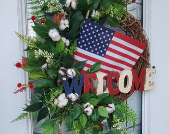 Patriotic Wreath July 4th Decor Rustic Memorial Day American Flag Welcome Grapevine Wreath with Cotton Stems Everyday Frontdoor Wreath Decor