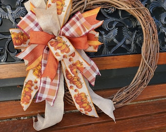 Fall Autumn Pumpkin Bow Orange Burgundy and Natural Autumn Lantern Wreath Bow Wreath Bow Decorative Thanksgiving Bow Harvest Pumpkin Decor