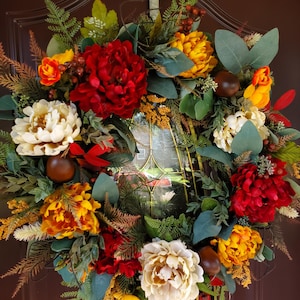 Fall Peony Wreath Autumn Harvest Peony Front Door Wreath Burgundy Cream Brown Orange Tone Harvest Wreath Harvest Thanksgiving Door Decor