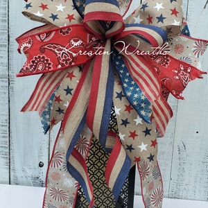 Patriotic Decorative Bow July 4th Decor Summer Wreath Bow Rustic Red White Blue American Wreath Lantern Light Fixture Fire Works Ribbon Bow