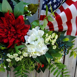 Patriotic American Flag Wreath 4th of July Spring Summer grapevine Everyday Wreath Memoral Day Red White Blue Hydrangeas frontdoor wreath image 6