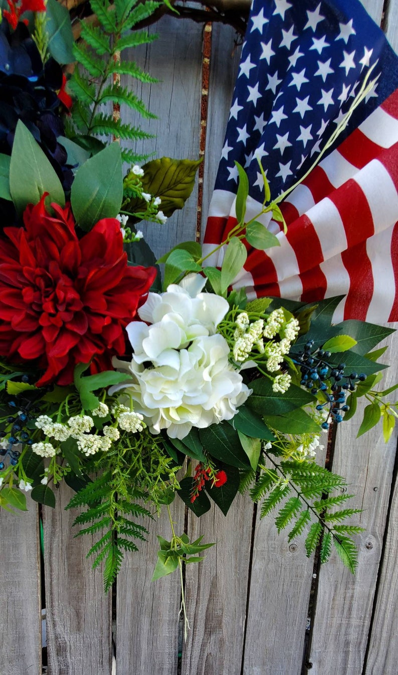 Patriotic American Flag Wreath 4th of July Spring Summer grapevine Everyday Wreath Memoral Day Red White Blue Hydrangeas frontdoor wreath image 6