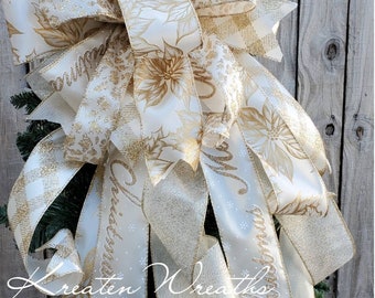 Elegant Gold and White Christmas Winter PoinsettiaTopper Bow Merry Christmas Tree Topper Christmas Decor Gold Winter Tree Decor Christmas Bo