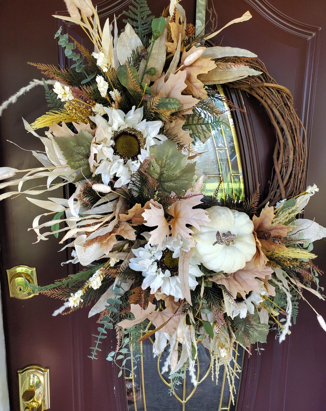 Fall Harvest Wreath Orange and Brown Tone Grapevine Floral Autumn Door ...