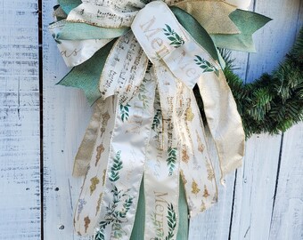 Merry Christmas Tree Topper Bow Traditional Christmas Bow Green White and Gold Tree Topper Bow Merry Christmas Tree Bow Stairway Wreath Bow