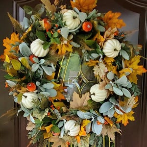 Fall White Pumpkin Wreath Thanksgiving Wreath with White Pumpkins and Berries Farmhouse Greenery Autumn Wreath Lambs Ear Harvest Pumpkin