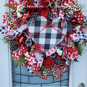 Valentines Wreath Black and White Check Heart Valentines Floral Mesh Wreath with Ornaments Valentines Rose Wreath Valentines Winter Wreath