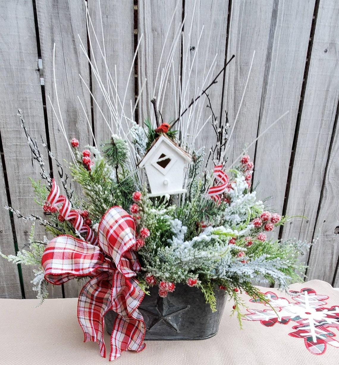 Christmas Table Top Arrangement With Wooden Bird House Flock Etsy