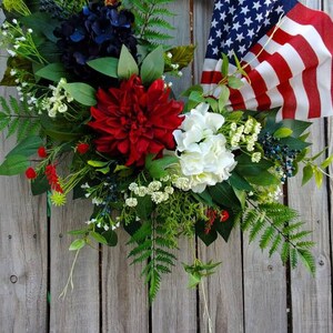 Patriotic American Flag Wreath 4th of July Spring Summer grapevine Everyday Wreath Memoral Day Red White Blue Hydrangeas frontdoor wreath image 8
