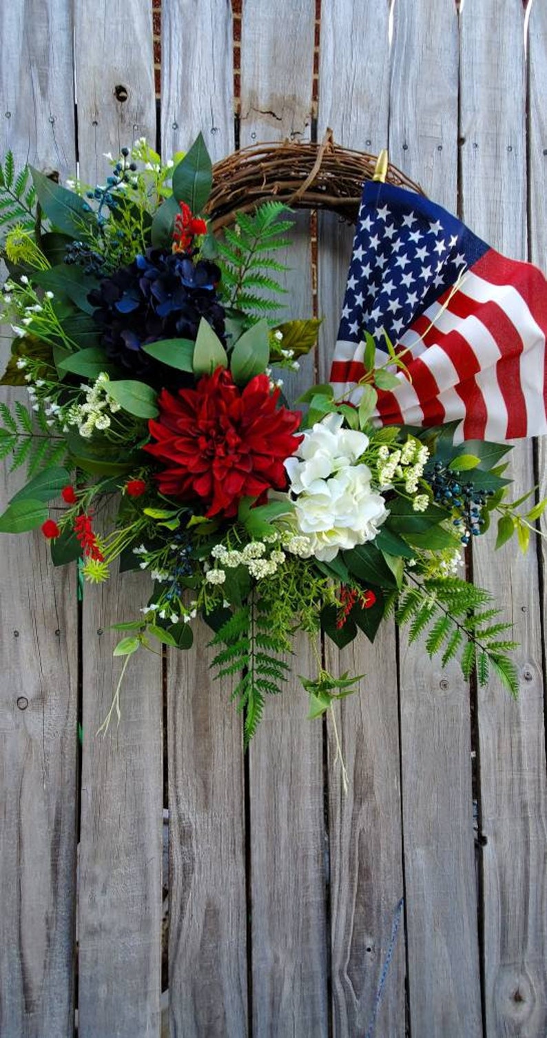 Patriotic American Flag Wreath 4th of July Spring Summer grapevine Everyday Wreath Memoral Day Red White Blue Hydrangeas frontdoor wreath image 8