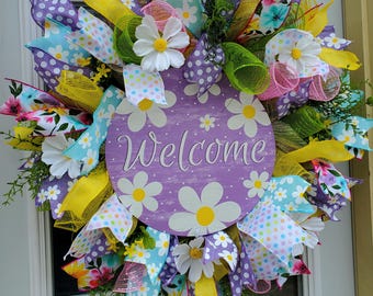 Spring Easter  Summer Wreath Spring Welcome Mesh Wreath Pink Yellow Green Blue Purple Mesh Wreath with Greenery Florals Front Door Wreath