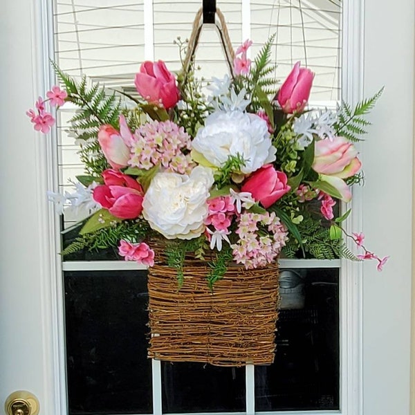 Spring Summer Door Wreath Front door Hanging Basket Pink White Peony and Tulip Flroal Wreath Spring Summer Wreath Easter Decor Peony Wreath