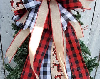 Buffalo Check Christmas Tree Topper Bow Rustic Farmhouse Winter Bow for Wreath Lantern Banister Mailbox Swag Red Black and natural Rustic