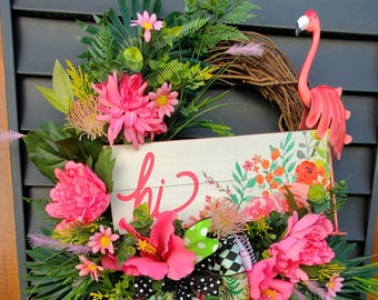 Flamingo Summer Wreath Hibiscus Hi Colorful Door Wreath Tropical Summer Door Decor Pink and Yellow Summer Wreath with Bow and Wooden Sign