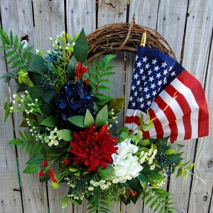 Patriotic American Flag Wreath 4th of July Spring Summer grapevine Everyday Wreath Memoral Day Red White Blue Hydrangeas frontdoor wreath image 2