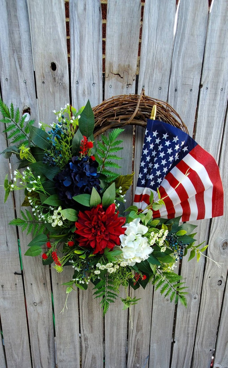 Patriotic American Flag Wreath 4th of July Spring Summer grapevine Everyday Wreath Memoral Day Red White Blue Hydrangeas frontdoor wreath image 2