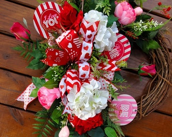 Conversation Valentines Wreath I Love You Be Mine Kiss Me Red White and Pink Valentines Wreath with roses and bows Valentines Winter Wreath