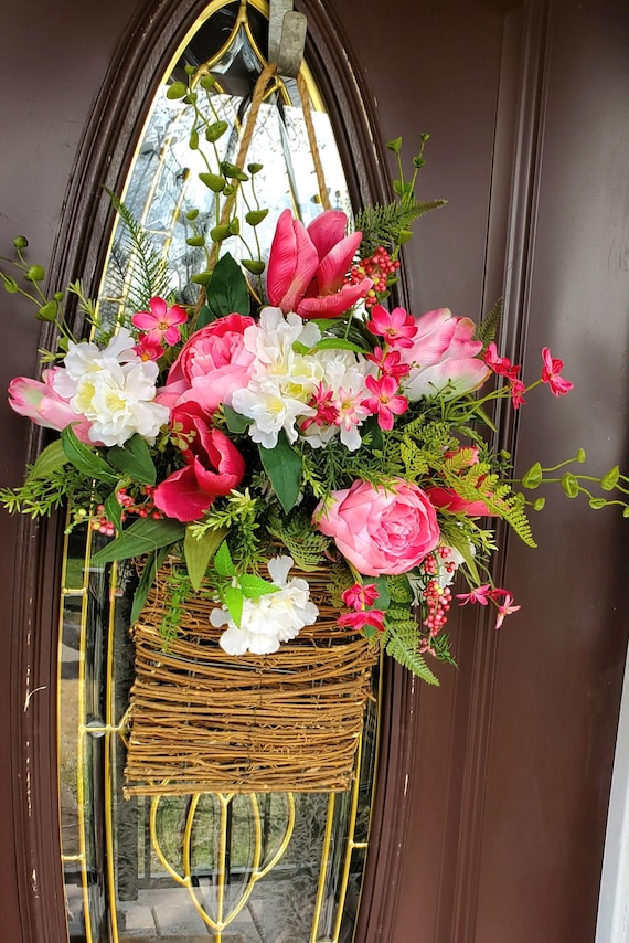 Frühling Sommer Türkranz Haustür Hängekorb Rosa Weiß Pfingstrose und Tulpe Blumenkranz Frühling Sommerkranz Ostern Dekor Pfingstrosenkranz