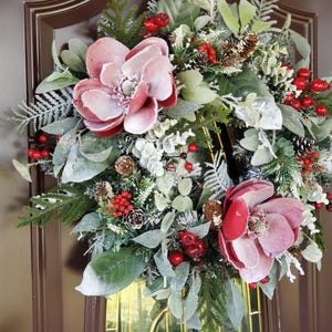 Flock Christmas Wreath frosted Magnolia Winte Flock Wreath with Berries and Pine Cones Winter Door Wreath Red and White Christmas Wreath