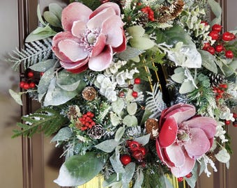 Flock Christmas Wreath frosted Magnolia Winte Flock Wreath with Berries and Pine Cones Winter Door Wreath Red and White Christmas Wreath