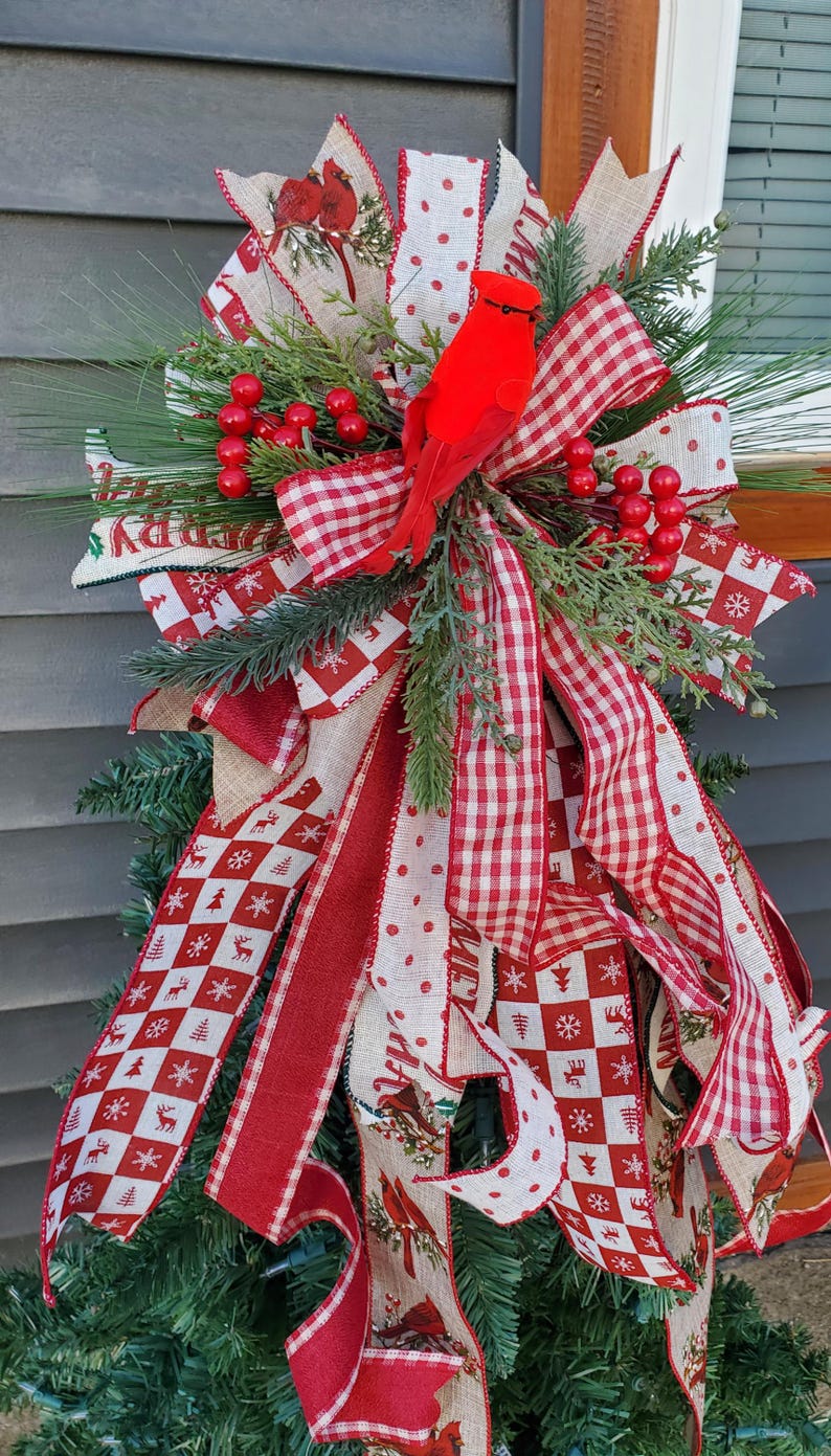 Rustic Christmas Tree Topper Bow Cardinal Tree Topper Christmas Tree Bow Rustic Cardinal Christmas Decor Wreath Bow Cardinal Winter Tree Dec image 2