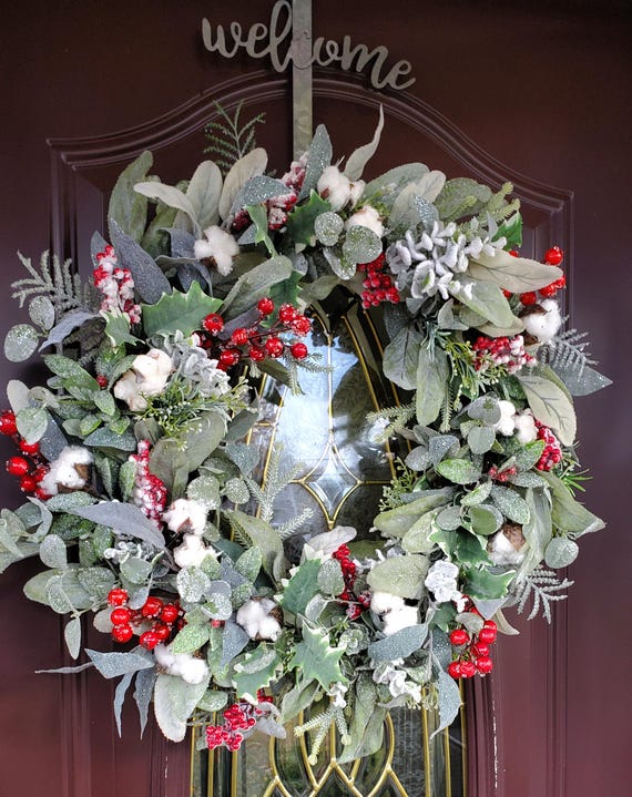 Winterkranz mit Beeren und Baumwollstielen Bauernhaus Adventskranz Flock Weihnachten Winterkranz Tür Fenster Wand Küche