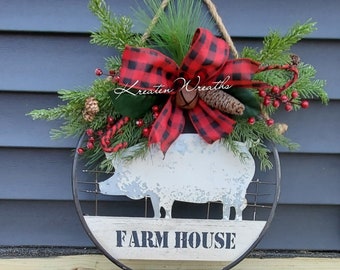 Rustic Christmas Wreath Farmhouse Christmas Door Hanger Wreath with Rustic Bell and Red and Black Check Ribbon Bow Farmhouse Christmas Decor