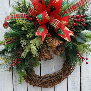 Rustic Christmas Bell Wreath with Christmas Tree Ribbon Bow Pinecones and Berries Winter Door Wreath Rustic  Farmhouse Winter  Wreath Decor