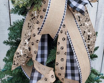 Christmas Tree Topper Bow Paw Print Pet Holiday Decor Lantern Mailbox Wreath Bone Bow with Black and White Check Ribbon Berries Rustic Bell