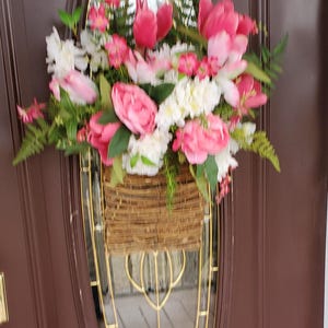 Spring Summer Door Wreath Front door Hanging Basket Pink White Peony and Tulip Flroal Wreath Spring Summer Wreath Easter Decor Peony Wreath
