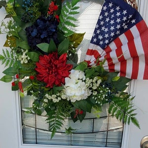 Patriotic American Flag Wreath 4th of July Spring Summer grapevine Everyday Wreath Memoral Day Red White Blue Hydrangeas frontdoor wreath image 3