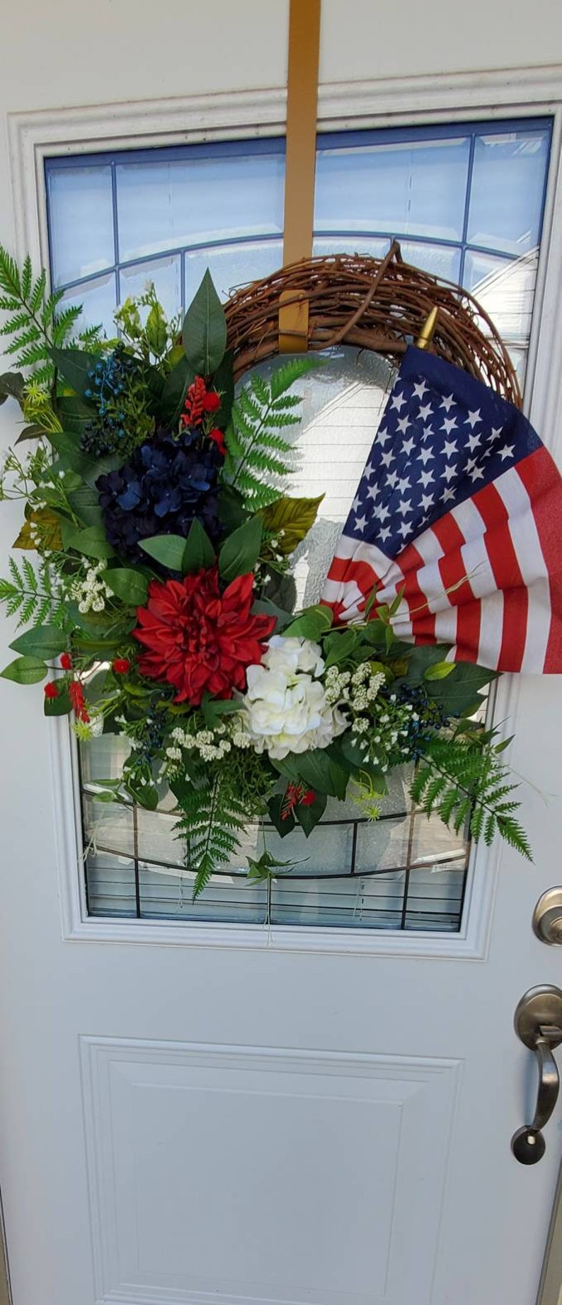 Patriotic American Flag Wreath 4th of July Spring Summer grapevine Everyday Wreath Memoral Day Red White Blue Hydrangeas frontdoor wreath image 3