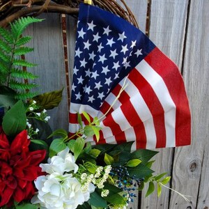 Patriotic American Flag Wreath 4th of July Spring Summer grapevine Everyday Wreath Memoral Day Red White Blue Hydrangeas frontdoor wreath image 5
