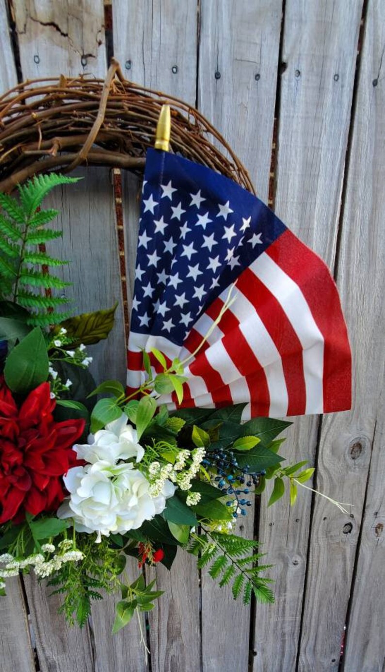 Patriotic American Flag Wreath 4th of July Spring Summer grapevine Everyday Wreath Memoral Day Red White Blue Hydrangeas frontdoor wreath image 5