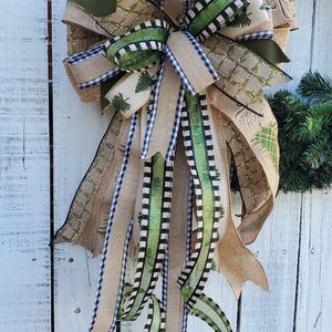 Christmas Tree Topper Bow Rustic Lantern Winter Bow with Bells Farmhouse Christmas Tree Decor Natural Green Gold Christmas Decorative Bow
