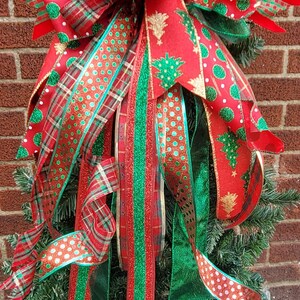 Traditional Christmas Tree Topper Bow Red White and Green Christmas Tree Bow Lantern Banister Outdoor Wreath Mailbox Swag Christmas Bow Deco