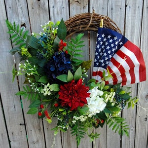 Patriotic American Flag Wreath 4th of July Spring Summer grapevine Everyday Wreath Memoral Day Red White Blue Hydrangeas frontdoor wreath image 7