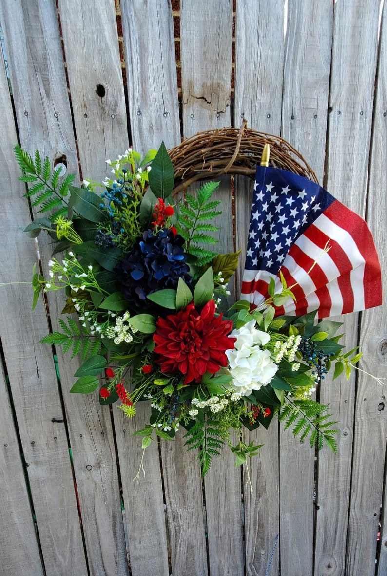 Patriotic American Flag Wreath 4th of July Spring Summer grapevine Everyday Wreath Memoral Day Red White Blue Hydrangeas frontdoor wreath image 7