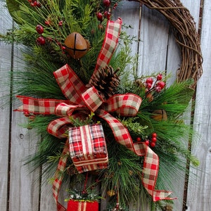Rustic Christmas Winter Wreath Farmhouse Christmas Wreath Primitive WinterWreath with Gift Presents Boxes Rustic Bells Pine Cones Berries