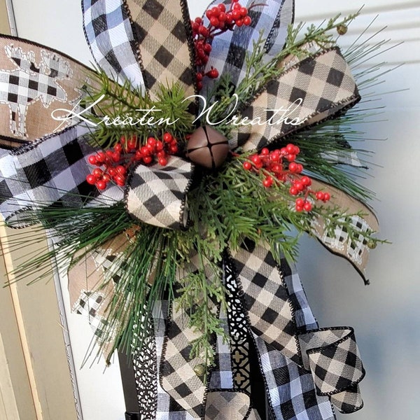 Christmas Lantern Swag Black and White Buffalo Check Christmas Swag with Red Berries Rustic Farmhouse Lantern Banister Outdoor Mailbox Swag