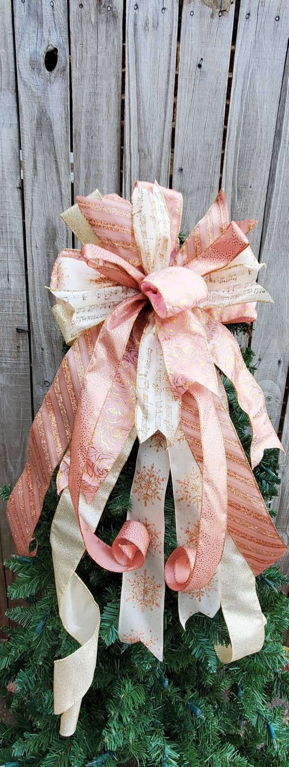 Large Pink Tree Topper Christmas Tree Topper Bow Pink Gold Sparkle Christmas Music Note Bow ...