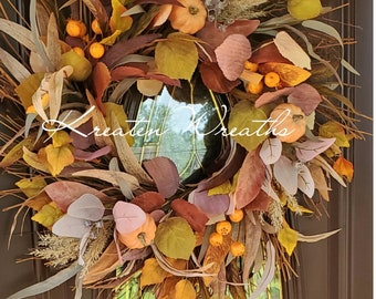 Fall Nuetral Wreath with Pumpkins and Berries Pumpkin Fall Door Wreath Harvest Pumpkin Wreath Burgundy Cream and Orange Tone Autumn Wreath