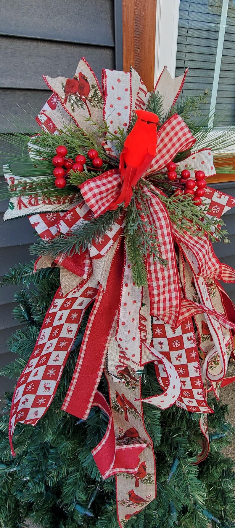 Rustic Christmas Tree Topper Bow Cardinal Tree Topper Christmas Tree Bow Rustic Cardinal Christmas Decor Wreath Bow Cardinal Winter Tree Dec image 6