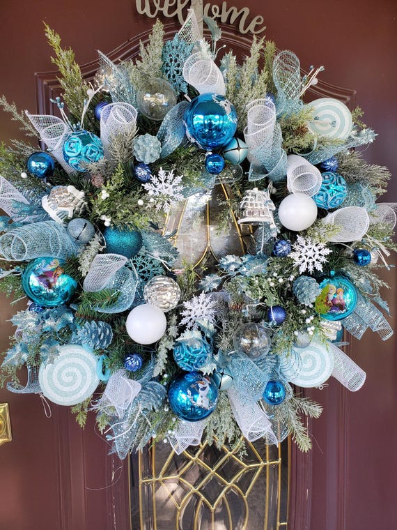 No162 ロイヤルブルー＆ホワイト❄︎.*大人のクリスマスリース☃︎*.‎ Blue and White Christmas Ornament Wreath Winter Door Wreath Blue
