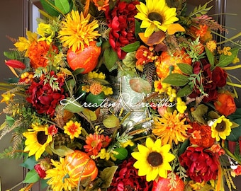 Fall Pumpkin Sunflower Wreath Harvest Door Decor Orange  Burgundy Yellow Peony Autumn Door Wreath Colorful Fall Grapevine Pumpkin Door Wreat
