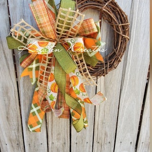 Fall Harvest Bow Green and Orange Autumn Harvest Latern Wreath Bow with Pumpkin Thanksgiving Pumpkin Bow Green and Orange Fall Wreath Decor