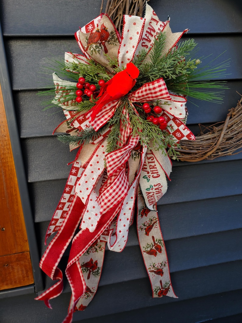 Rustic Christmas Tree Topper Bow Cardinal Tree Topper Christmas Tree Bow Rustic Cardinal Christmas Decor Wreath Bow Cardinal Winter Tree Dec image 5